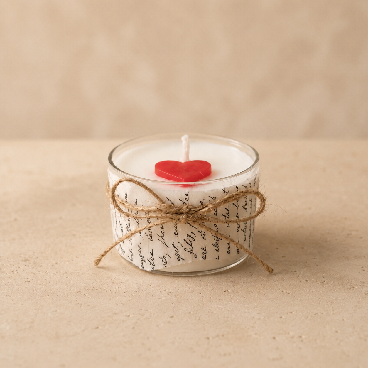 Mini scented candle in clear glass with handwritten paper wrap, twine bow and red heart detail