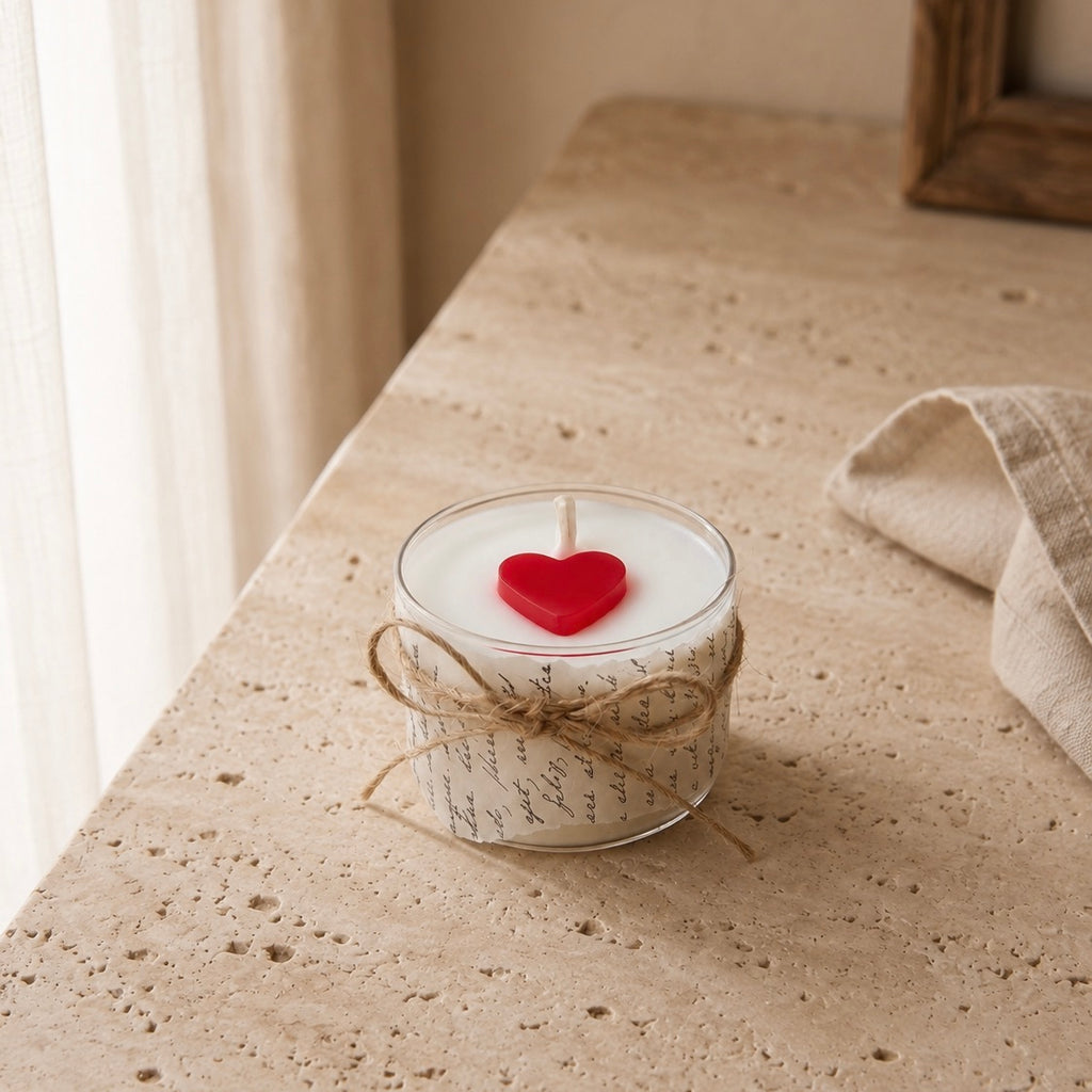 Love Letter mini scented candle styled on a beige stone surface in soft natural light