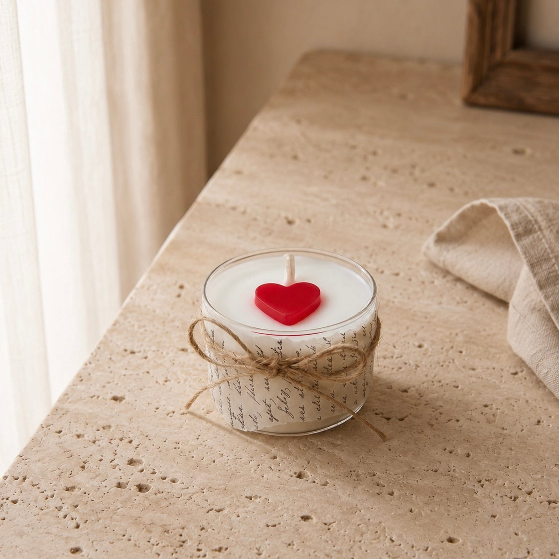 Love Letter mini scented candle styled on a beige stone surface in soft natural light